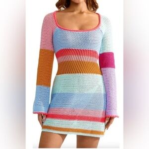 Women Casual Crochet Knit Mini Long Sleeve Sweater Dress